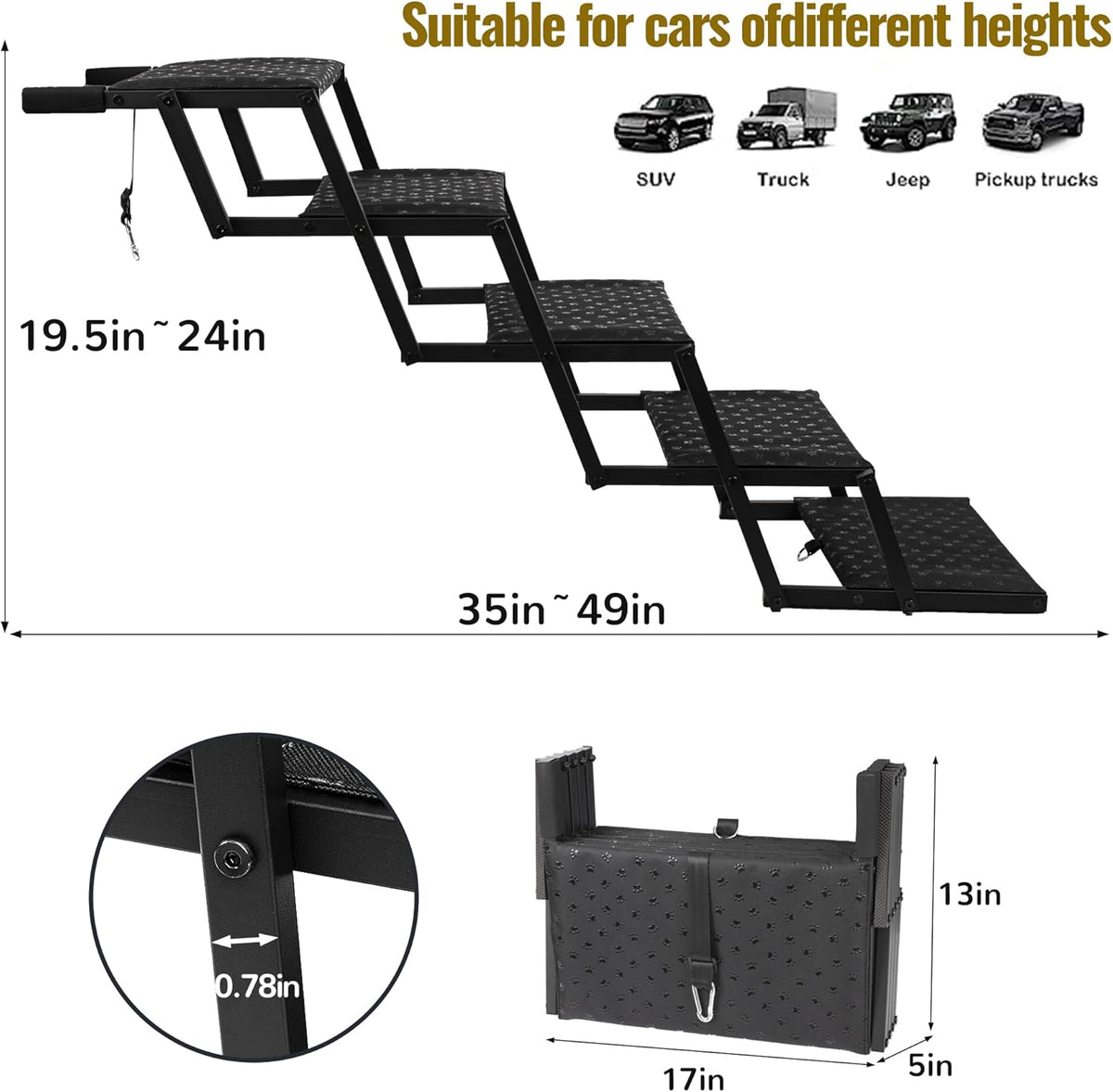 Dogstow StepUp | Foldable Dog Car Stairs for SUVs & Trucks — Non-Slip Steps, Holds 200 lbs