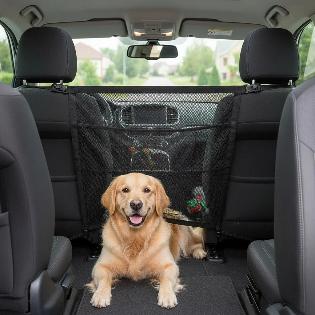 Dogstow Front-Seat Barrier | Adjustable Net with Storage Pockets
